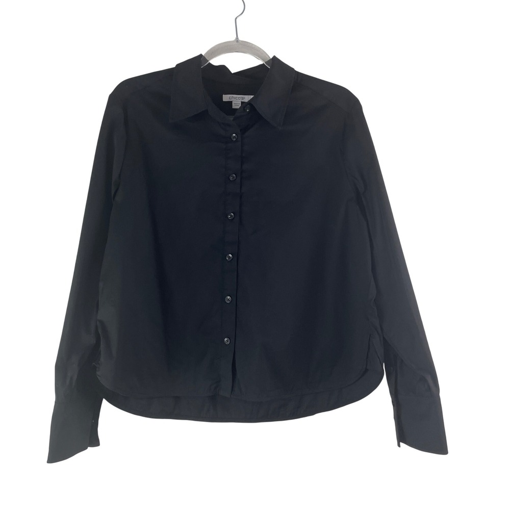 Chico's Button Down Crop Long Sleeve Shirt 2 US 12 Black Minimalist Boxy Classic